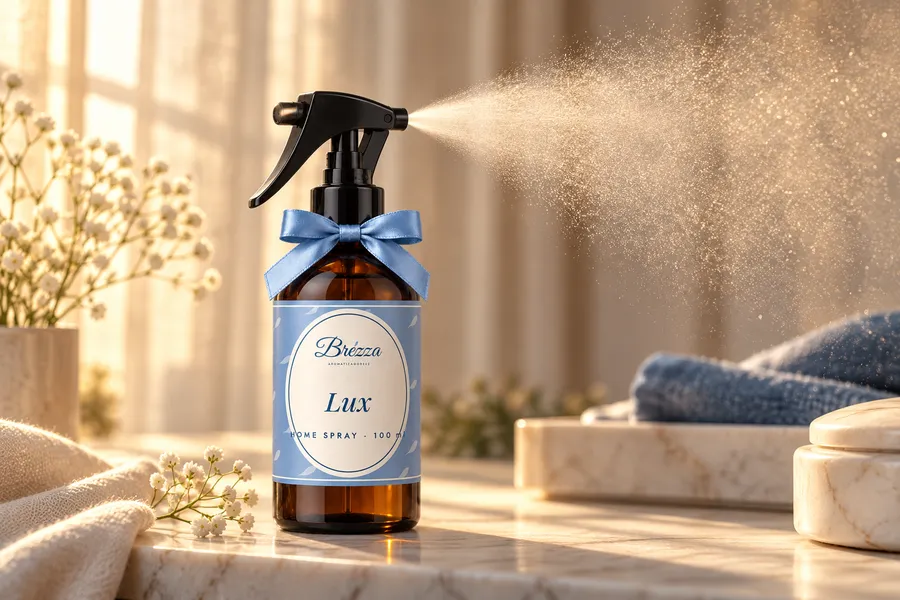 Home spray Brézza borrifando uma névoa fina contra a luz (imagem ilustrativa)